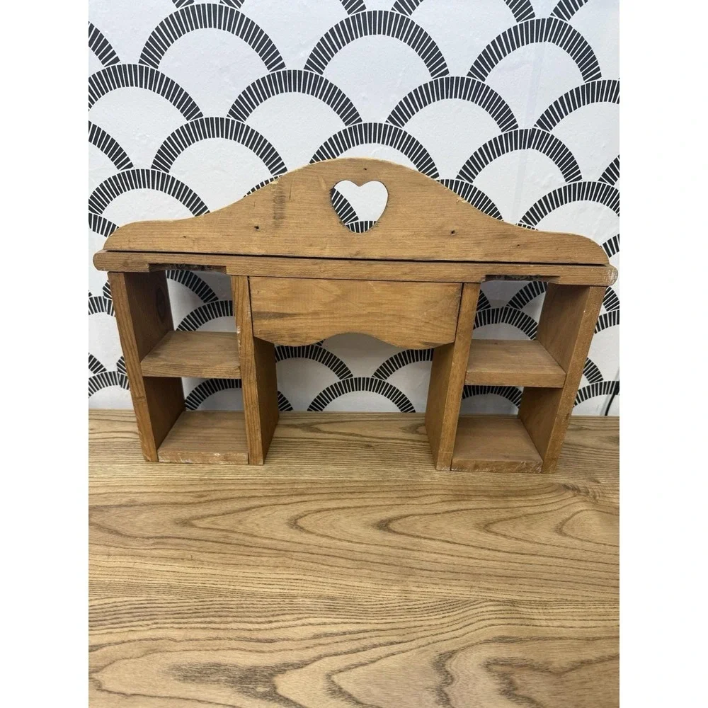 VTG Wooden Wall Shelf Hooks Heart Cut Out Cubby Trinket Farmhouse Cottage Core